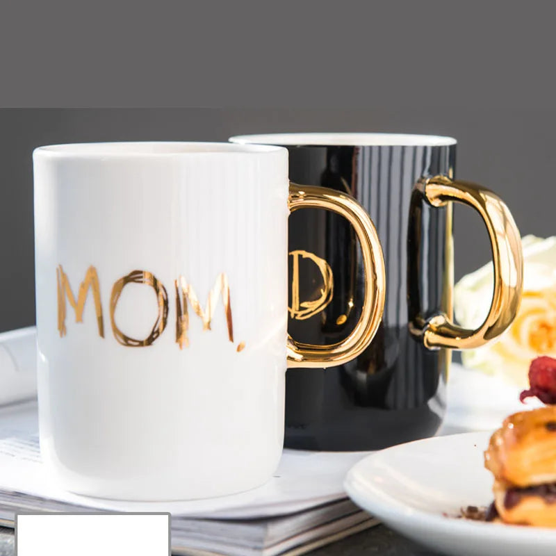 Mom & Dad Ceramic Coffee Mug with Lid & Spoon — 400ml (13.5 fl oz) | Gift Box, Black & White