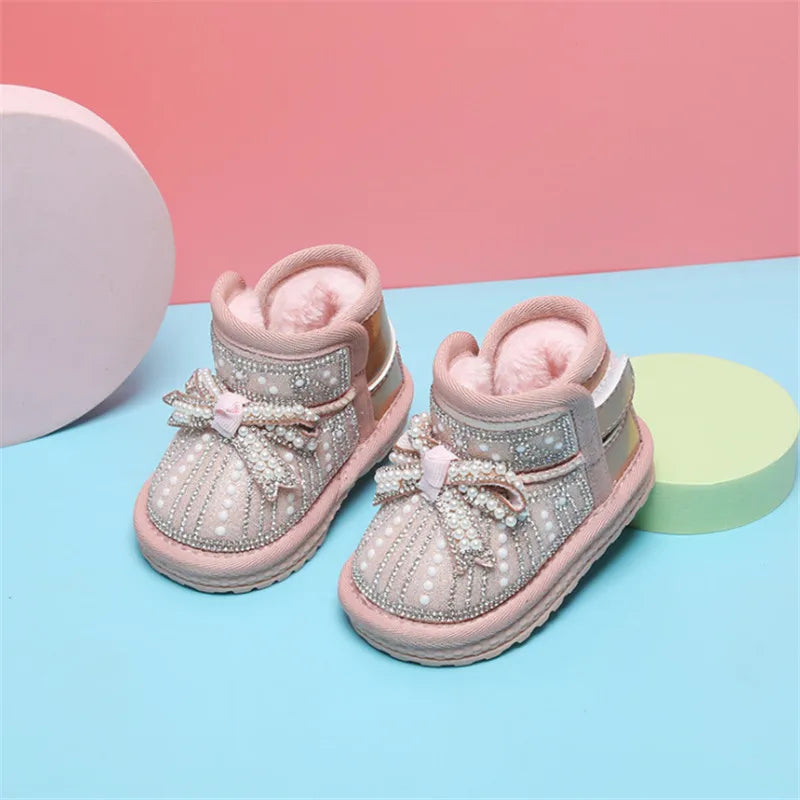 2024 Winter New Baby Snow Boots Butterfly-Knot Pearl Warm Plush Girls Princess Boots Soft Sole Ankle Toddler Kids Boots