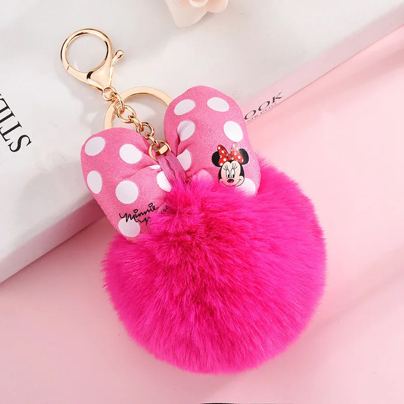 Disney Minnie and Mickey Mouse Plush Keychains, Cartoon Polka Dot Bow Pom-Pom Pendant Gift