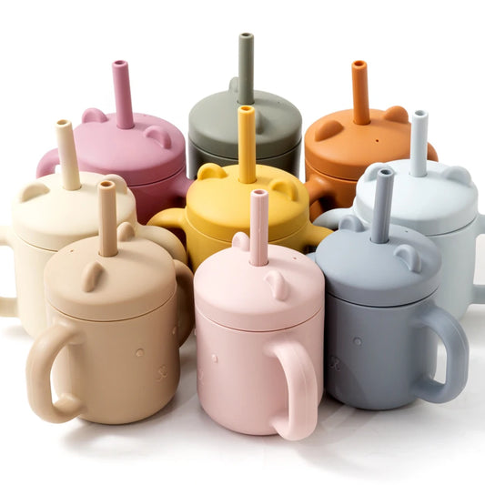 Cartoon Bear Baby Drinking Cup with Double Handles, Straw Feeding Cup, BPA-Free Soft Silicone Learn to Drink Cup, Newborn Accessories