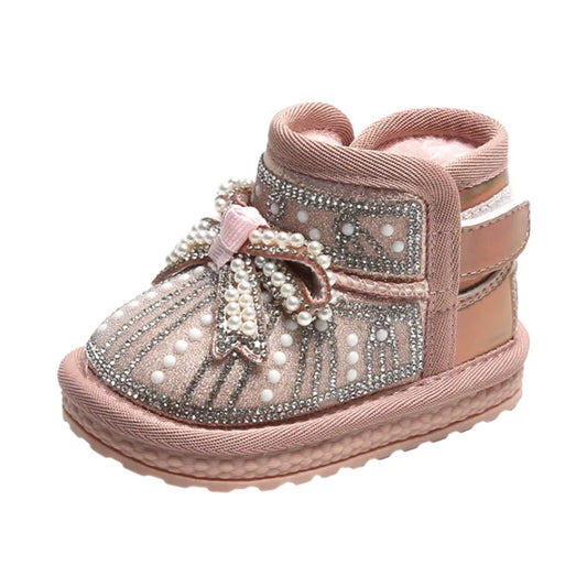 2024 Winter New Baby Snow Boots Butterfly-Knot Pearl Warm Plush Girls Princess Boots Soft Sole Ankle Toddler Kids Boots