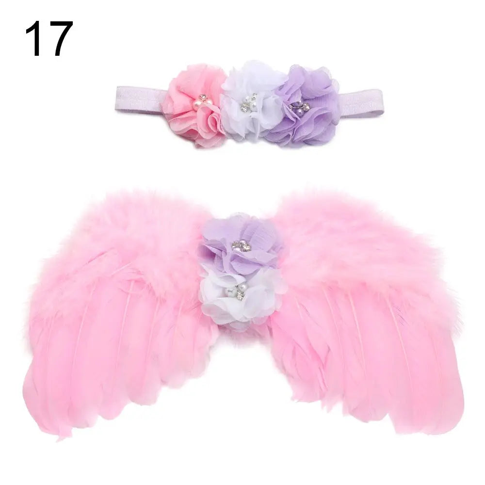 2pcs/Set Cute Newborn Angel Feather Wings & Baby Girl Rose Flower Headband Hair Accessories for Infant Photography Props