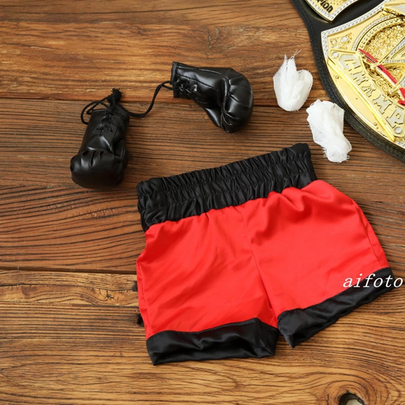 Baby Boxer Red Robe & Pants Set – Sanda Free Fight Boxing Glove Shorts for Newborn Photography Props & Infant Photo Accessories