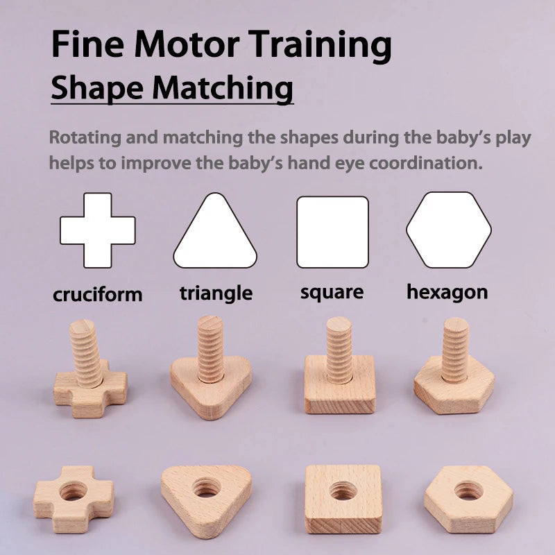 Beech Baby Screw Nut Wooden Building Blocks – Early Education Geometry Shape Matching Toy, Fine Motor Skill Development for Toddlers