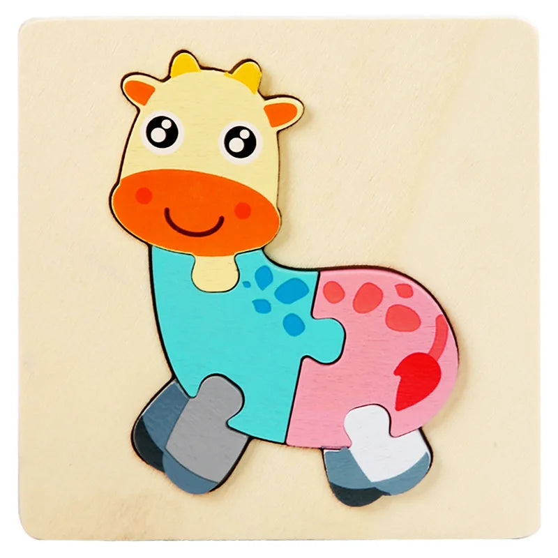 Kids Wooden 3D Puzzle, Cartoon Animals Cognitive Jigsaw, Early Learning Educational Toy for Children Gift