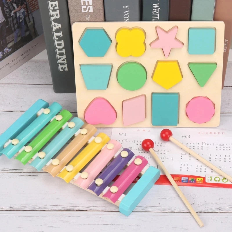 Hot Kids Montessori Wooden Toys – Macaron Blocks, Colorful Graphic Rattle, Educational Music Toy for Babies