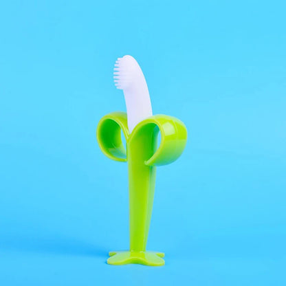 Baby Silicone Training Toothbrush - BPA Free Banana Shape Teether Chew Toy and Teething Ring for Infants