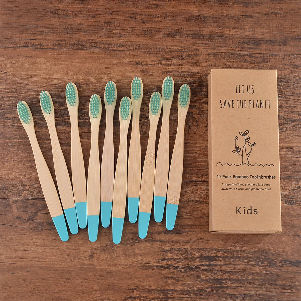 Children's Bamboo Toothbrushes, 10Pcs Soft Bristles, Eco-Friendly Biodegradable Wooden Handle, Teeth Whitening Brush