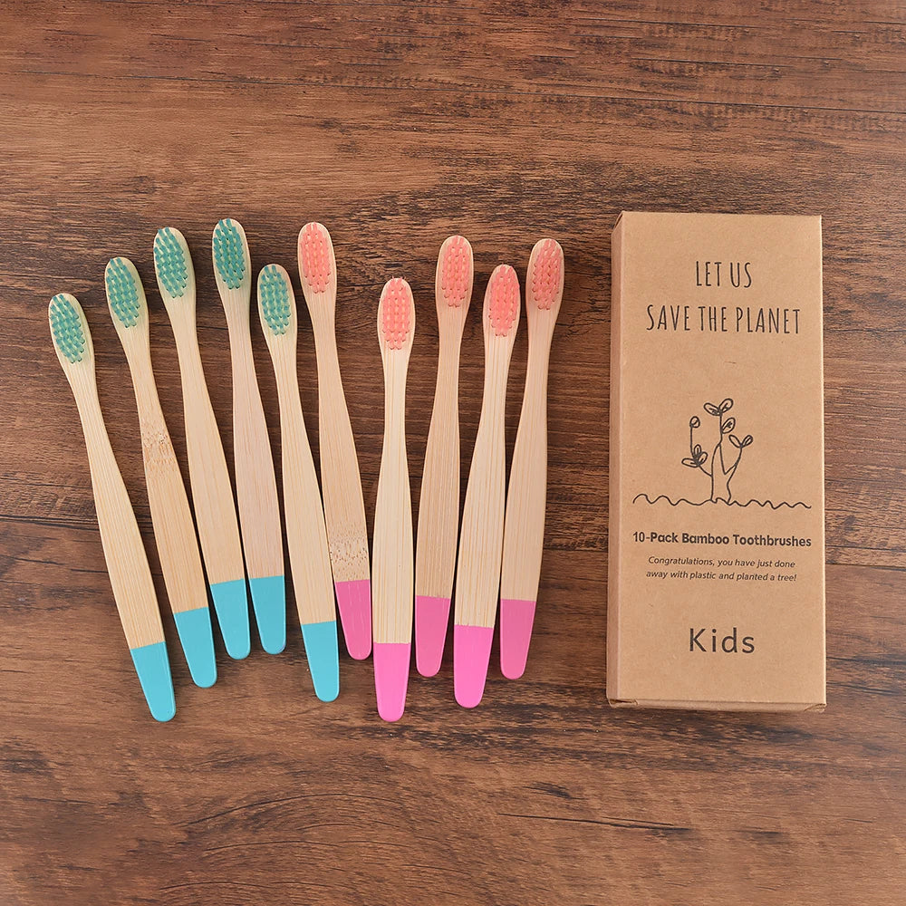 Children's Bamboo Toothbrushes, 10Pcs Soft Bristles, Eco-Friendly Biodegradable Wooden Handle, Teeth Whitening Brush