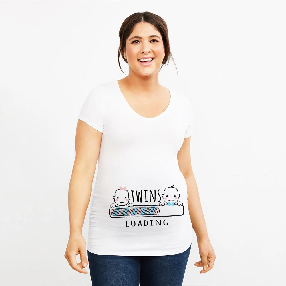 It's Twins Pregnancy T-Shirt | Maternity Tops | Plus-Size Short Sleeve Cartoon Print Announcement Tee for Pregnant Women