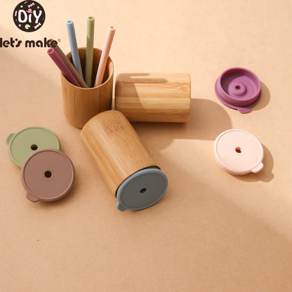 Let's Make 1pc Wooden Water Bottle for School Kids, Silicone Soft Straw Cup, Children's Learning Drinkware, Baby Feeding Bottle