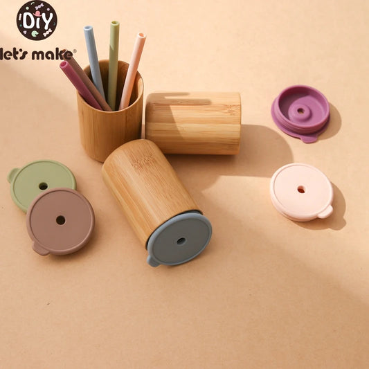 Let's Make 1pc Wooden Water Bottle for School Kids, Silicone Soft Straw Cup, Children's Learning Drinkware, Baby Feeding Bottle