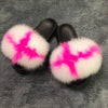 Women’s Fluffy Fox Fur Slides – Plush Furry Slippers with Anti-Slip Sole (Black, White, Red, Rainbow & Multi-Color Options)