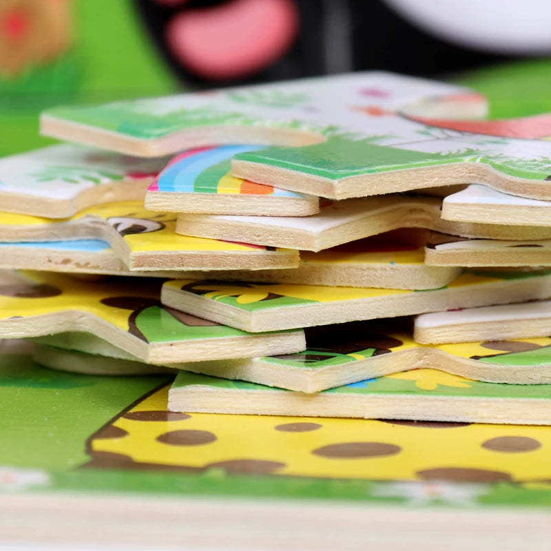 12 or 9 Pieces Wooden Puzzle Set for Kids – Cartoon Vehicle and Animal Educational Toys