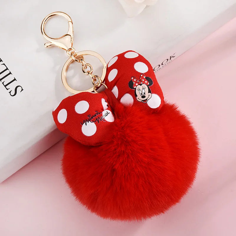 Disney Minnie and Mickey Mouse Plush Keychains, Cartoon Polka Dot Bow Pom-Pom Pendant Gift