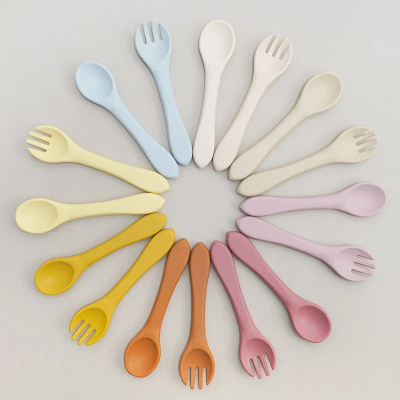 BPA-Free Soft Silicone Baby Spoon Set - Auxiliary Food Utensils for Toddler, Bendable Fork & Training Spoon, Children’s Tableware