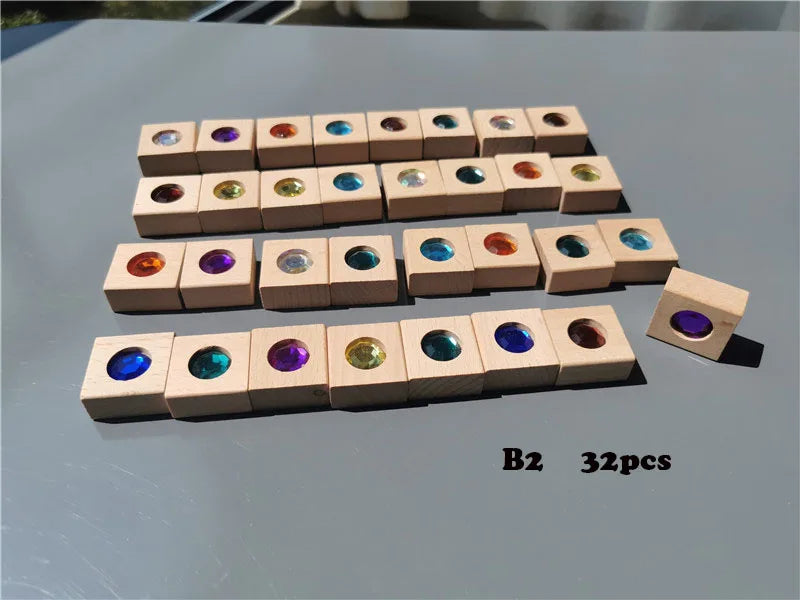 Kids Acrylic Sparkling Stones – Wooden Gemstone Street Blocks, Rainbow Crystal Diamond Bricks, Montessori Building Play Toy