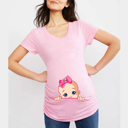 Summer Funny Cartoon Print Maternity T-Shirt | Pink Plus-Size Short Sleeve Tops | Pregnant Women Hot Sale T-Shirts