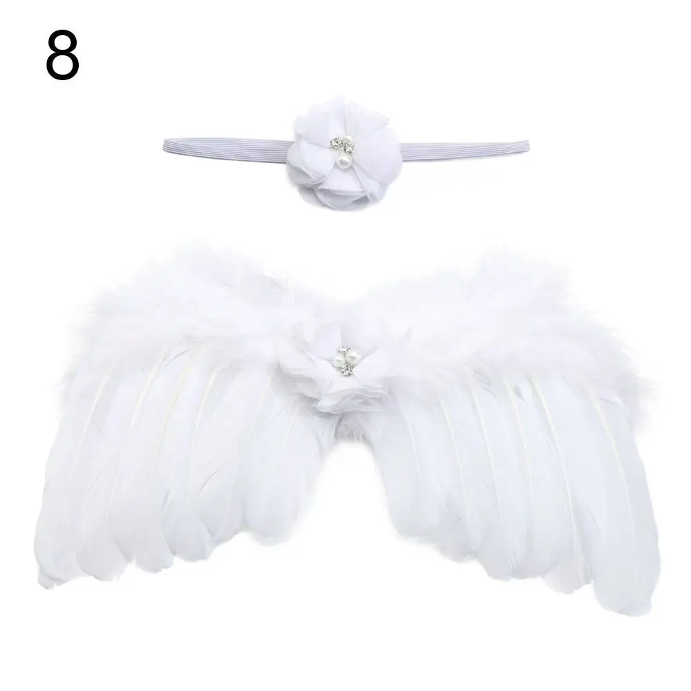 2pcs/Set Cute Newborn Angel Feather Wings & Baby Girl Rose Flower Headband Hair Accessories for Infant Photography Props