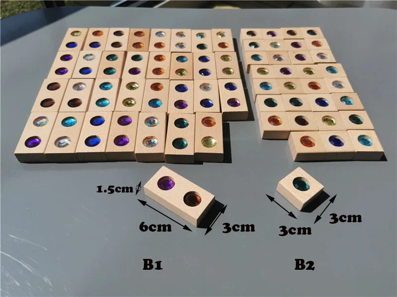 Kids Acrylic Sparkling Stones – Wooden Gemstone Street Blocks, Rainbow Crystal Diamond Bricks, Montessori Building Play Toy