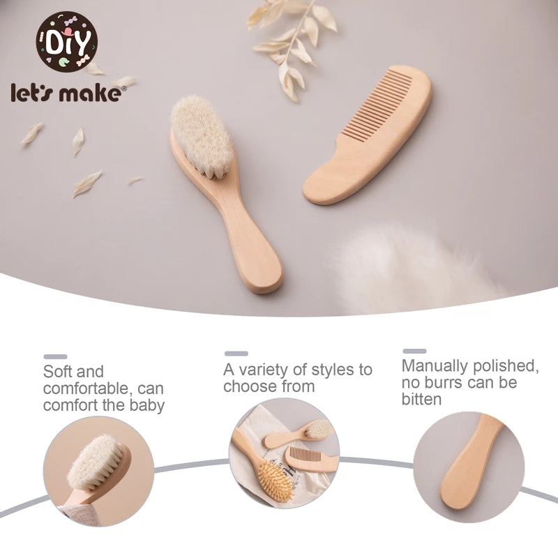 Baby Care Hair Brush for Kids - Girl Bath & Shower - Pure Natural Wool Wooden Comb & Hairbrush - Infant Newborn Massager