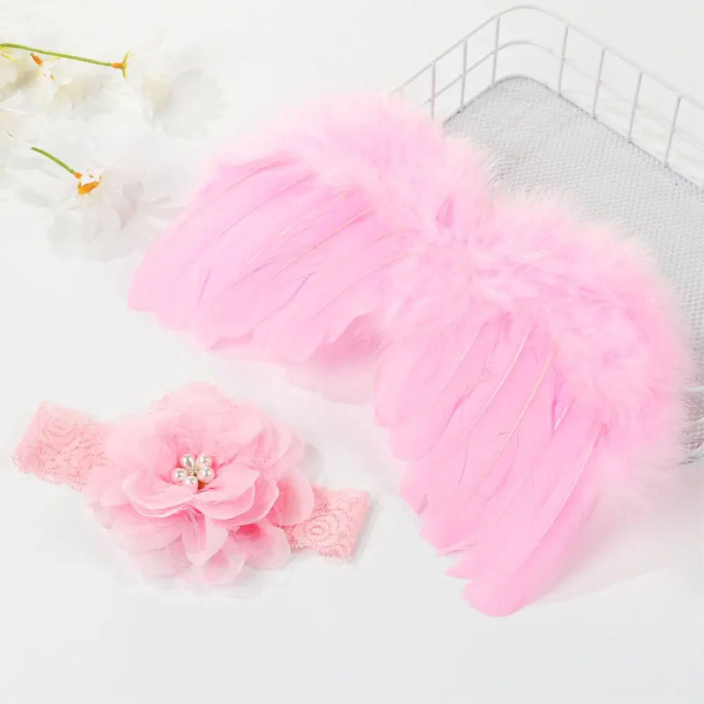 2pcs/Set Cute Newborn Angel Feather Wings & Baby Girl Rose Flower Headband Hair Accessories for Infant Photography Props