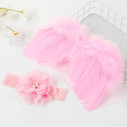 2pcs/Set Cute Newborn Angel Feather Wings & Baby Girl Rose Flower Headband Hair Accessories for Infant Photography Props