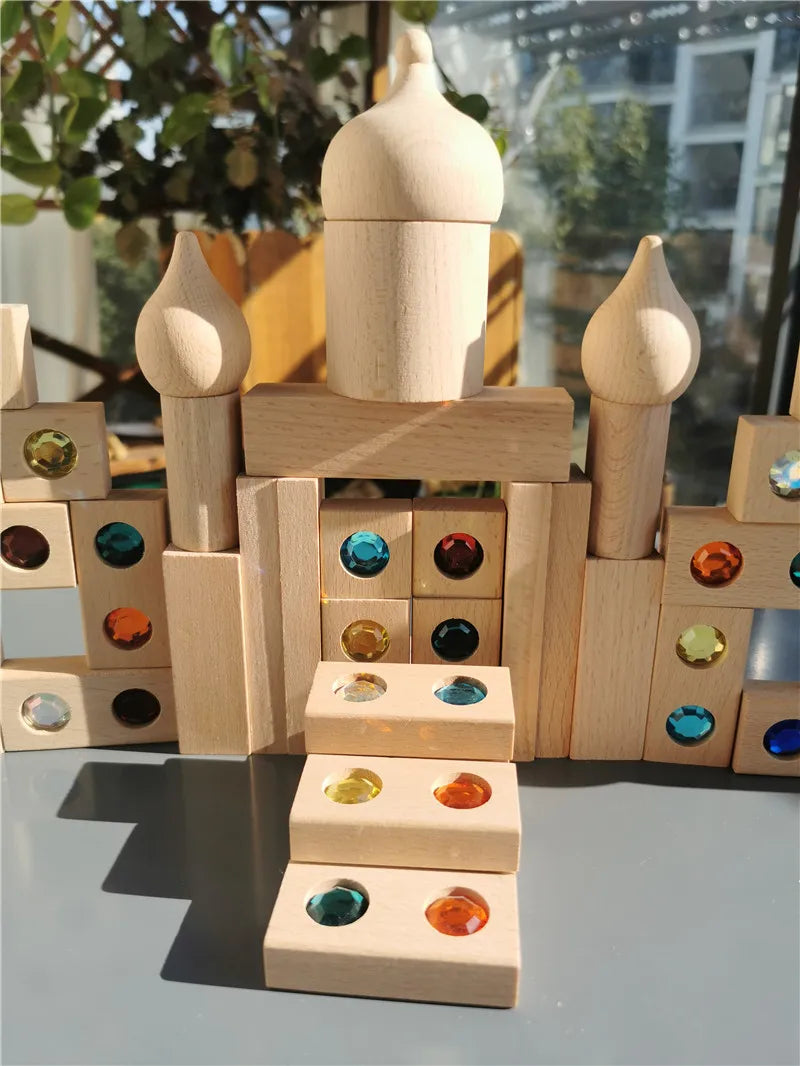 Kids Acrylic Sparkling Stones – Wooden Gemstone Street Blocks, Rainbow Crystal Diamond Bricks, Montessori Building Play Toy