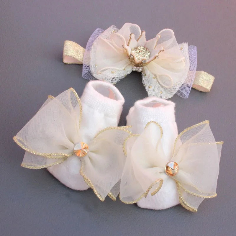 2 Pcs/Set Elastic Baby Headband Socks Set Lace Flower Newborn Girl Short Socks Bow Crown Infant Hairband