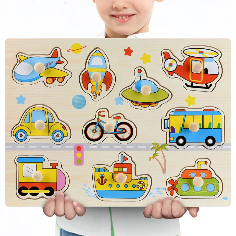 Montessori Wooden Puzzles, Hand Grab Boards, Tangram Jigsaw Baby Educational Toy, Cartoon Vehicle, Animals & Fruits 3D Puzzles