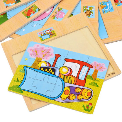 12 or 9 Pieces Wooden Puzzle Set for Kids – Cartoon Vehicle and Animal Educational Toys