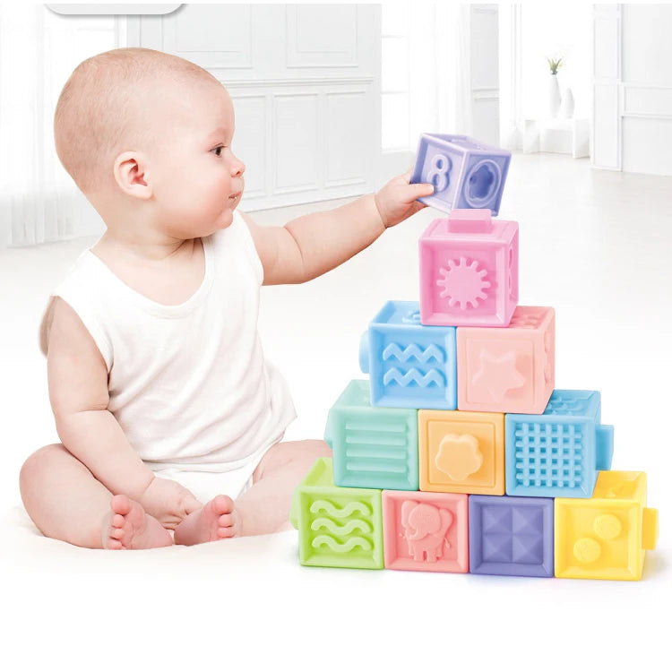 Baby Soft Touch Blocks – 3D Massage Rubber Vinyl Building Blocks, Montessori Bath Squeeze Toy for Kids