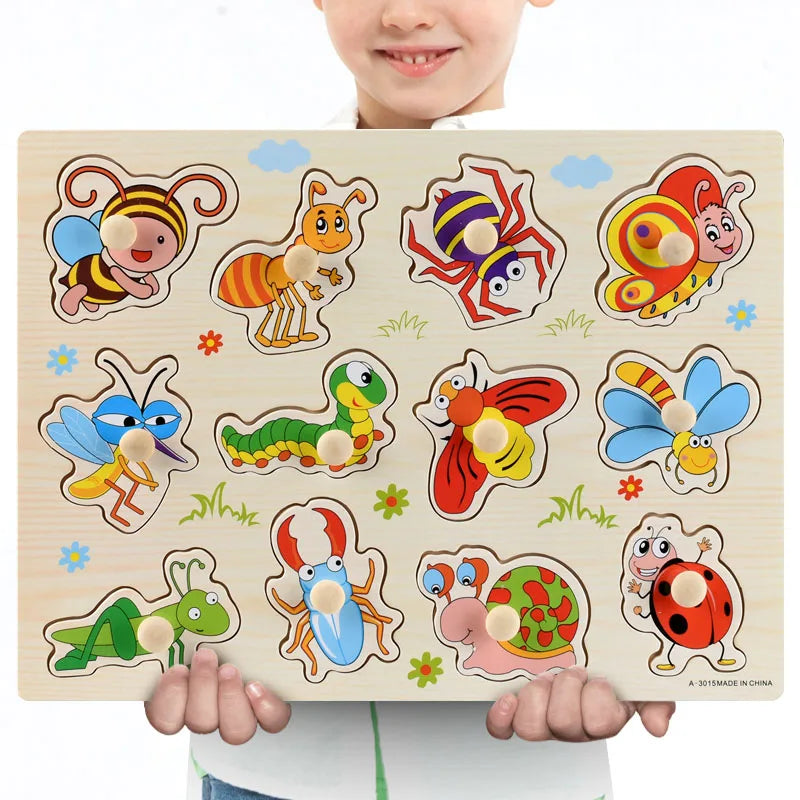 Montessori Wooden Puzzles, Hand Grab Boards, Tangram Jigsaw Baby Educational Toy, Cartoon Vehicle, Animals & Fruits 3D Puzzles