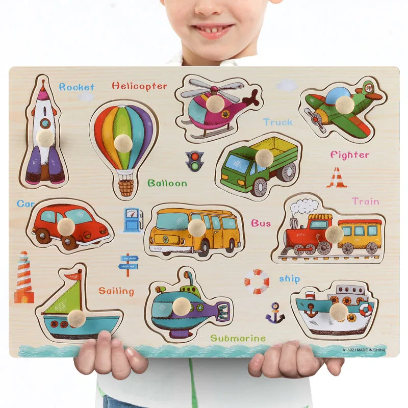 Montessori Wooden Puzzles, Hand Grab Boards, Tangram Jigsaw Baby Educational Toy, Cartoon Vehicle, Animals & Fruits 3D Puzzles