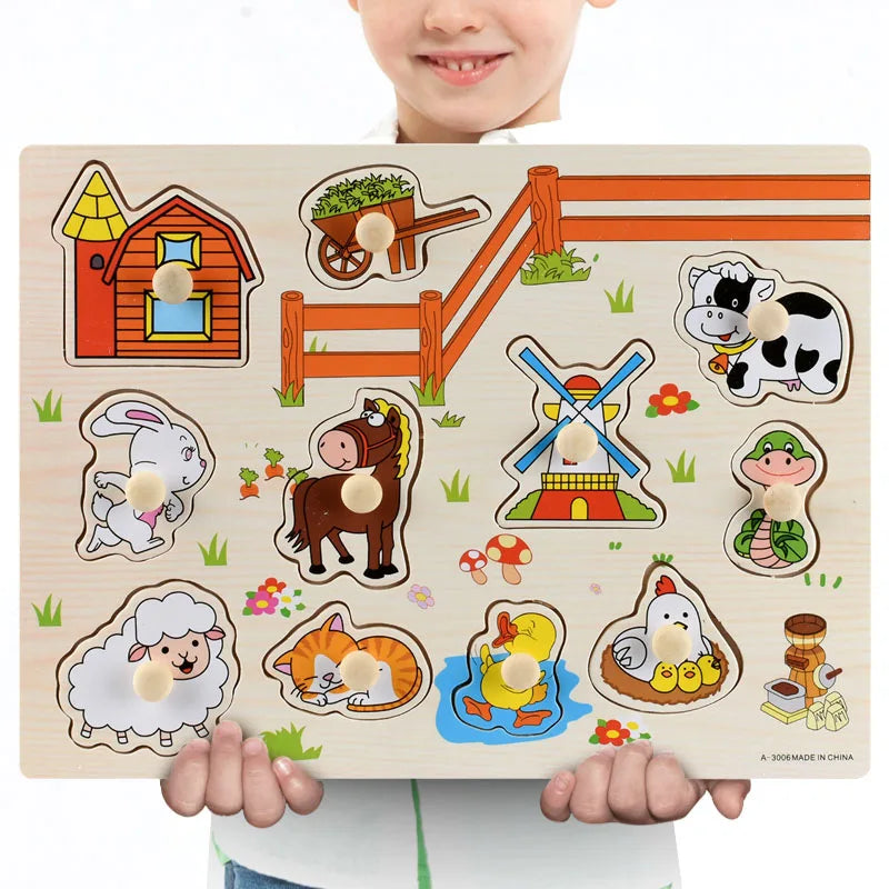 Montessori Wooden Puzzles, Hand Grab Boards, Tangram Jigsaw Baby Educational Toy, Cartoon Vehicle, Animals & Fruits 3D Puzzles