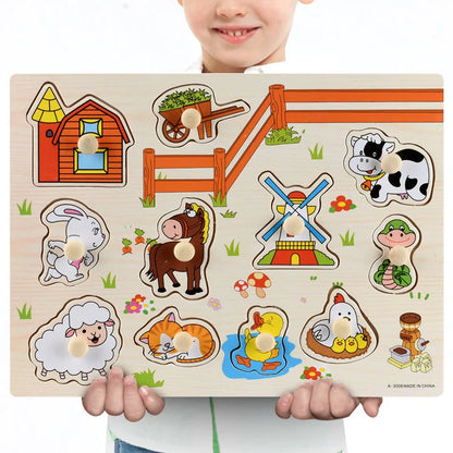 Montessori Wooden Puzzles, Hand Grab Boards, Tangram Jigsaw Baby Educational Toy, Cartoon Vehicle, Animals & Fruits 3D Puzzles