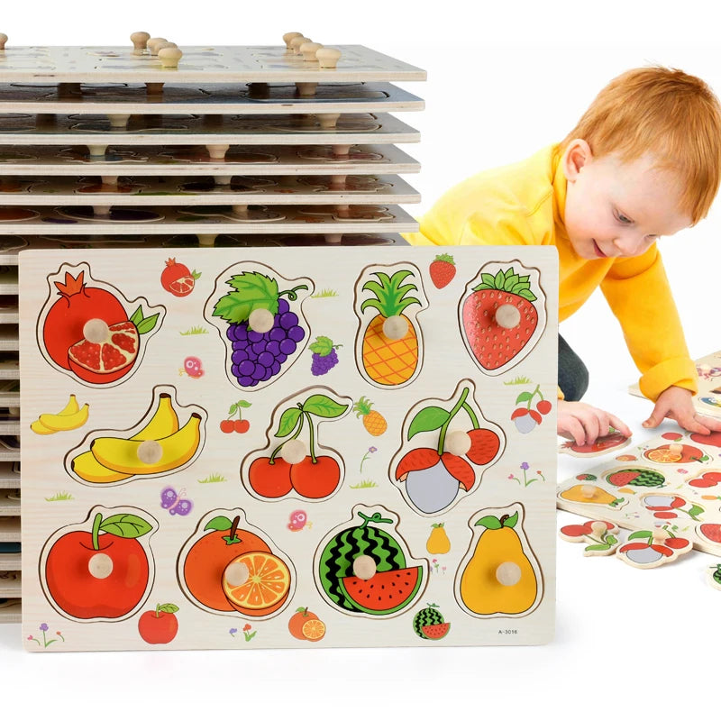 Montessori Wooden Puzzles, Hand Grab Boards, Tangram Jigsaw Baby Educational Toy, Cartoon Vehicle, Animals & Fruits 3D Puzzles