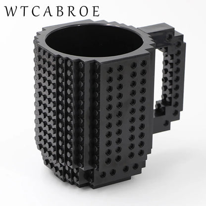 12.2 oz (360ml) Building-Block Compatible Personalized Kids Travel Mug – White Plastic Tumbler with Handle & DIY Brick Pack