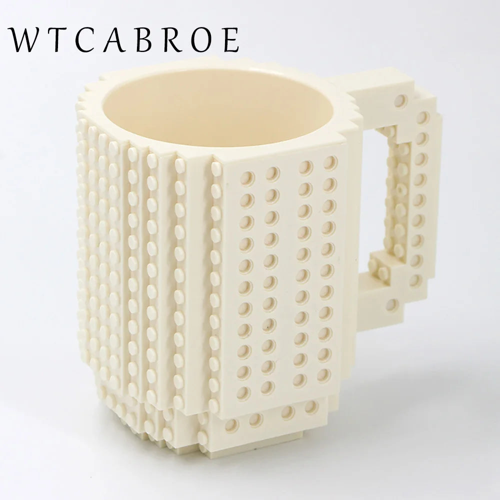 12.2 oz (360ml) Building-Block Compatible Personalized Kids Travel Mug – White Plastic Tumbler with Handle & DIY Brick Pack