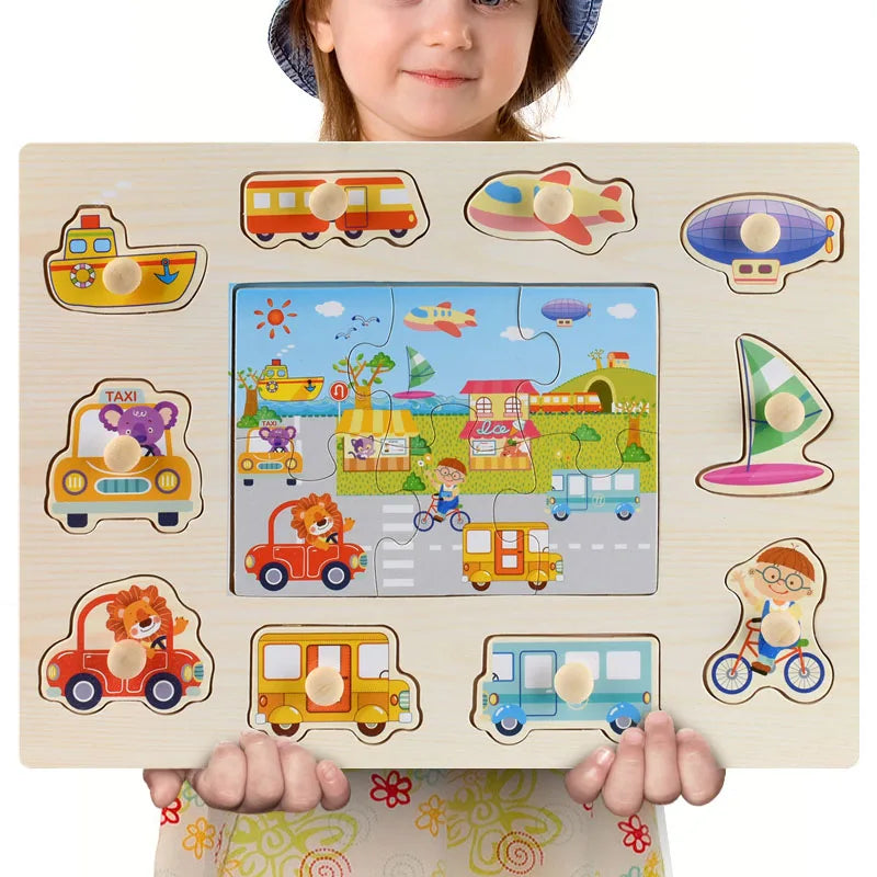 Montessori Wooden Puzzles, Hand Grab Boards, Tangram Jigsaw Baby Educational Toy, Cartoon Vehicle, Animals & Fruits 3D Puzzles