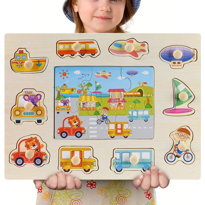 Montessori Wooden Puzzles, Hand Grab Boards, Tangram Jigsaw Baby Educational Toy, Cartoon Vehicle, Animals & Fruits 3D Puzzles