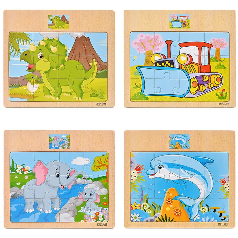 12 or 9 Pieces Wooden Puzzle Set for Kids – Cartoon Vehicle and Animal Educational Toys