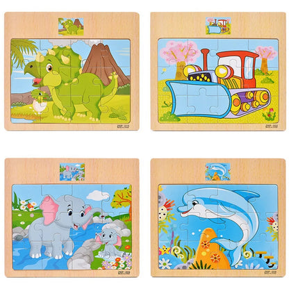 12 or 9 Pieces Wooden Puzzle Set for Kids – Cartoon Vehicle and Animal Educational Toys