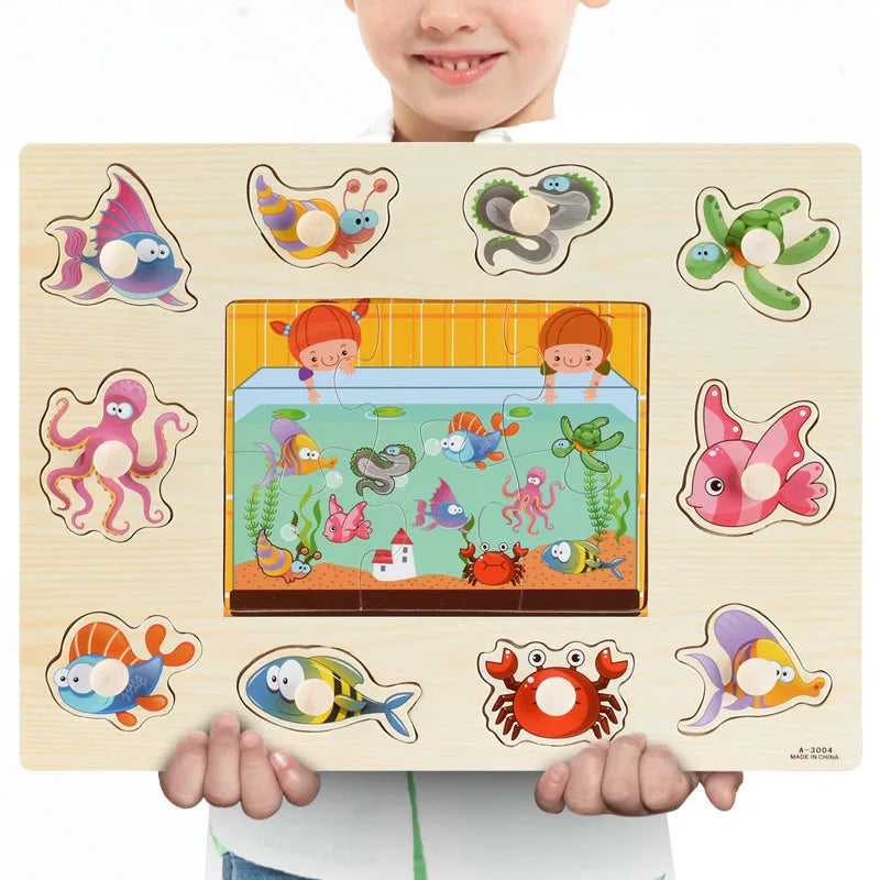 Montessori Wooden Puzzles, Hand Grab Boards, Tangram Jigsaw Baby Educational Toy, Cartoon Vehicle, Animals & Fruits 3D Puzzles
