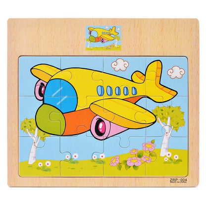 12 or 9 Pieces Wooden Puzzle Set for Kids – Cartoon Vehicle and Animal Educational Toys