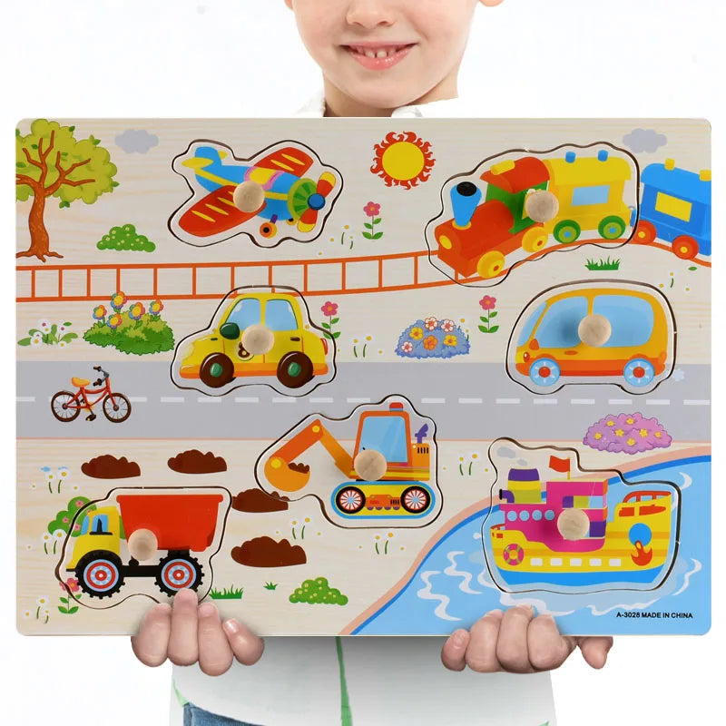 Montessori Wooden Puzzles, Hand Grab Boards, Tangram Jigsaw Baby Educational Toy, Cartoon Vehicle, Animals & Fruits 3D Puzzles