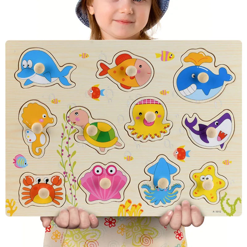 Montessori Wooden Puzzles, Hand Grab Boards, Tangram Jigsaw Baby Educational Toy, Cartoon Vehicle, Animals & Fruits 3D Puzzles