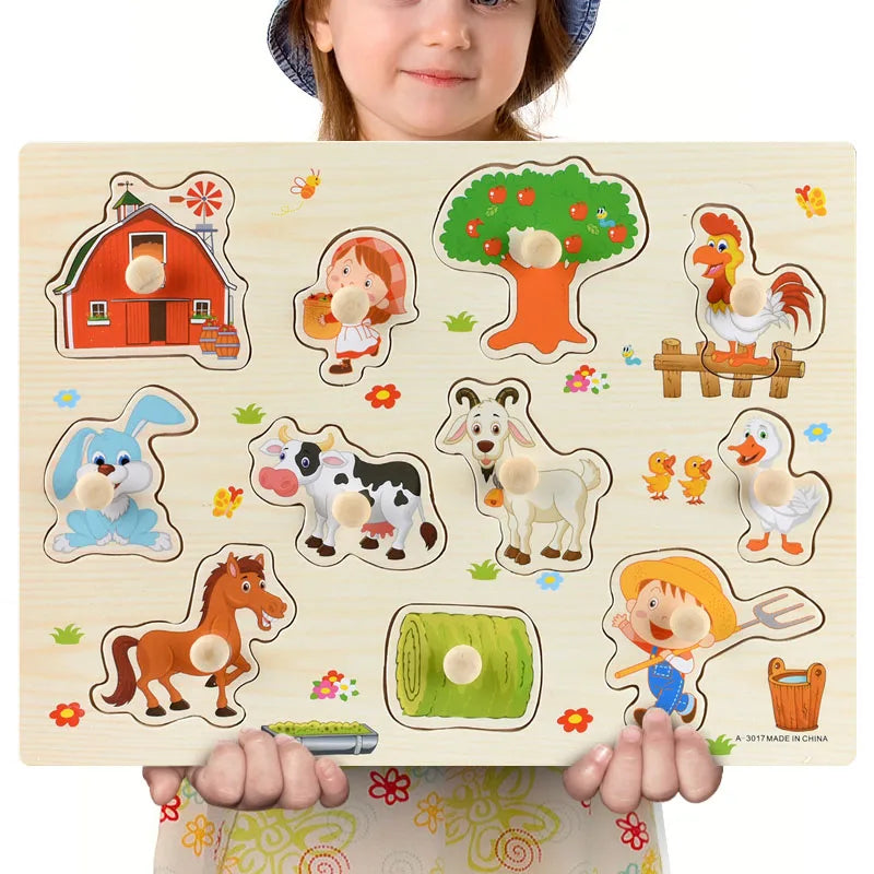 Montessori Wooden Puzzles, Hand Grab Boards, Tangram Jigsaw Baby Educational Toy, Cartoon Vehicle, Animals & Fruits 3D Puzzles