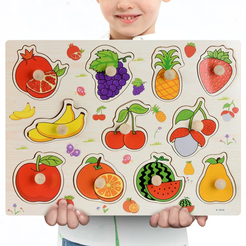Montessori Wooden Puzzles, Hand Grab Boards, Tangram Jigsaw Baby Educational Toy, Cartoon Vehicle, Animals & Fruits 3D Puzzles