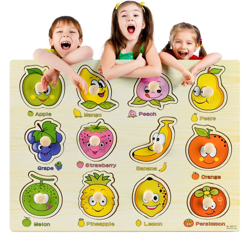 Montessori Wooden Puzzles, Hand Grab Boards, Tangram Jigsaw Baby Educational Toy, Cartoon Vehicle, Animals & Fruits 3D Puzzles